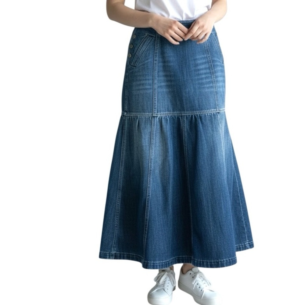 WRAP London Denim Maxi Skirt Tiered Women’s 8 Side button Modern Boho A-line Fun